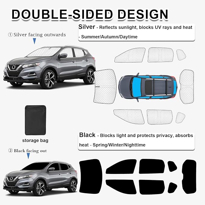 KMF 8pcs Thicken Full Window Sun Shades for Nissan Rogue Sport 2017-2024 Accessories, Custom Fit Windshield Sunshade Car Window Covers for Side Rear, UV Block and Blackout Privacy for Camping Outdoor - Image 4