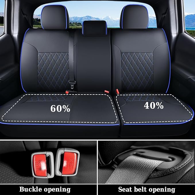 Coverado Tacoma Seat Covers Full Set, Faux Leather Seat Covers Custom Fit for 2005-2015 Toyota Tacoma Double/Crew Cab Base Prerunner SR5 Limited TRD Sport Interior Covers (Blue Line) - Image 6