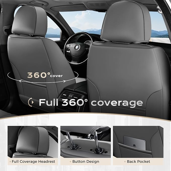 Coverado Car Seat Covers Full Set, Nappa Leather Seat Covers for Cars, Car Seat Protector Car Seat Cushion, Front and Back Seat Protectors Cushions Universal Fit for Most Cars (Gray&Light Gray) - Image 4