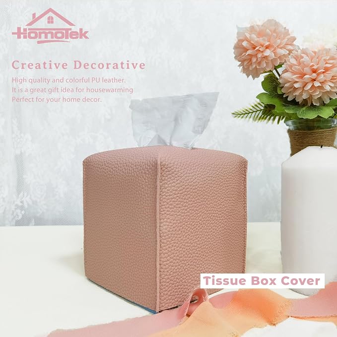 HOMOTEK 2 Pack Tissue Box Cover, Square PU Leather Tissue Holder, Decorative Facial Tissue Cube Paper Organizer Dispenser for Bathroom, Night Stands, Desk, Car 5X5X5'' - Dusty Rose, Pebble Grain - Image 3