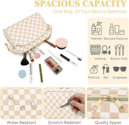 Fammart Travel Makeup Bag for Women, Waterproof Checkered Cosmetic Cosmetic Bag Make Up Organizer Case, Large Wide-open Toiletry Bag for Skincare, Brushes, Bathroom & Travel Essentials - Image 5