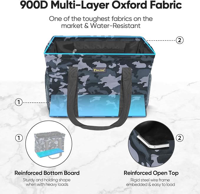 BALEINE Extra Large Utility Tote Bag with Reinforced Wire Frame, Reusable Grocery Bag for Shopping, Picnic (Grey Camouflage, 16.5''x14''x10'') - Image 3