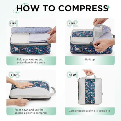 OlarHike 10 Set Compression Packing Cubes for Travel Essentials,Compressible Expandable Space Saver Bags for Organizing Clothes,Luggage Garment Bags with Over 1000 pcs Mesh Holes(Dark Blue Floral) - Image 3