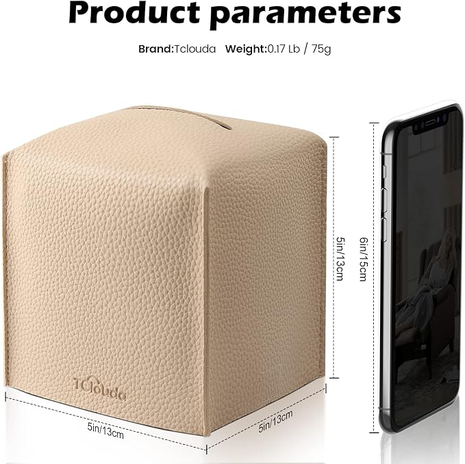 Tissue Box Cover, Tclouda, Modern PU Leather Square Tissue Box Holder for Creative Decorative, Ideal for Bathrooms/Office/Car/Nightstand/Outdoor Tent/Dining Table, 5"X5"X5", Single Beige - Image 2