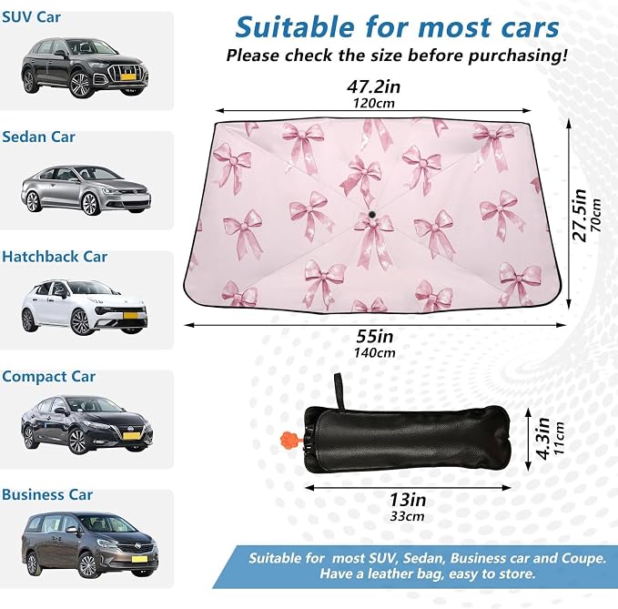 Windshield Sun Shade Umbrella Pink Bows Printed Foldable Car Front Window Sunshade Blocks UV Rays Heat Keep Vehicle Cool 55"x27.5" - Image 5
