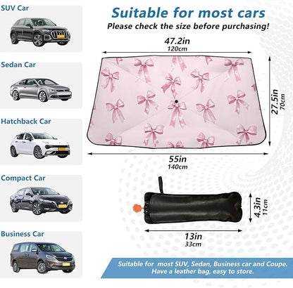 Windshield Sun Shade Umbrella Pink Bows Printed Foldable Car Front Window Sunshade Blocks UV Rays Heat Keep Vehicle Cool 55"x27.5" - Image 5