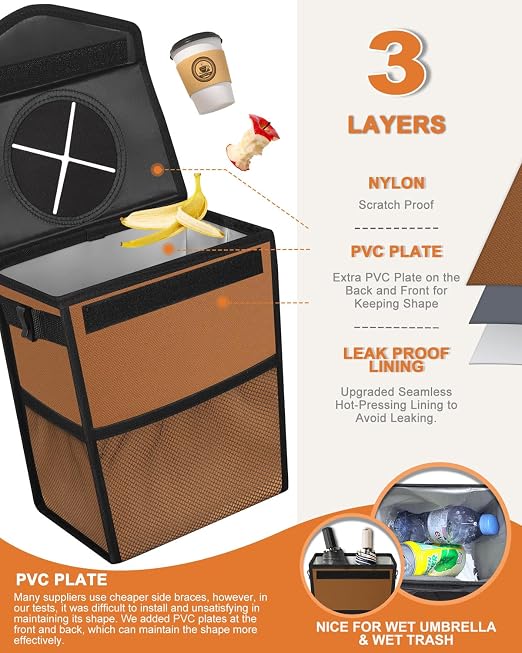 Pritent Car Trash Can with Lid Leakproof Car Garbage Bag Vehicle Trash Bin | Hanging Automotive Garbage Can,Multipurpose Car Accessories for Women Men Interior Car Storage Organizer(2 Gal,Brown) - Image 3