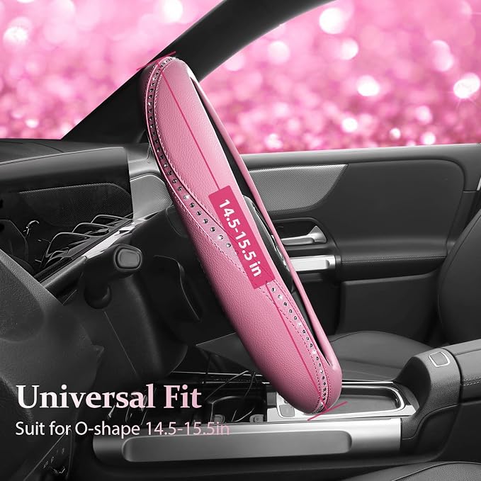 CAR PASS Bling Diamond Pink Leather Steering Wheel Cover, Studded Shining Rhinestones Universal Fit 14" 1/2-15" Glitter Sparkly Crystal Fit for Women Girl SUV,Vans,Sedans,Car,Trucks, Pink Diamond - Image 6