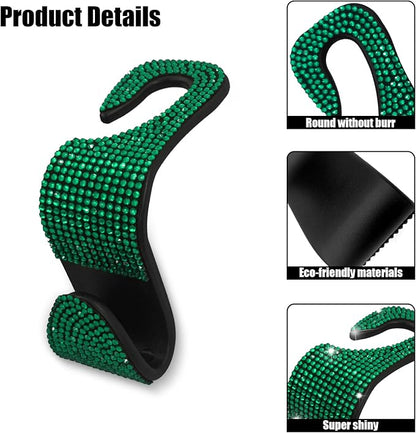 OSIFIT 2PCS Car Seat Hooks, Bling Car Rhinestone Headrest Hooks, Universal Bling Car Interior Accessories, for Handbag, Clothes, Purse, Water Bottle (Green) - Image 3