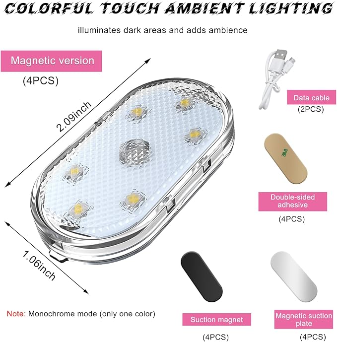povtii 4 PCS Wireless Led Lights for Car Interior, 7 Colors Magnetic Auto Ambient Light with 6 Bright LED Lamp Beads, USB Rechargeable Vehicle Led Night Light, Car Accessories (Ice Blue) - Image 2