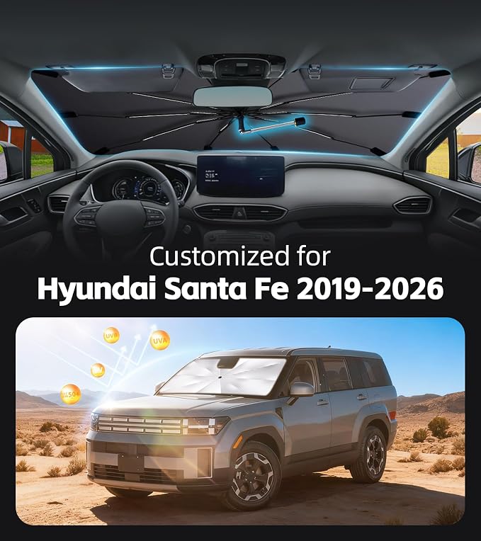 Windshield Sun Shade for Hyundai Santa Fe 2019-2026 with 360°Rotating Shaft | Custom Fit Umbrella Sunshade for UV Blocking, Car Sun Visor Keeps Car Cool, Protects Interior & Easy Storage - Image 2