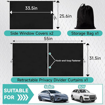 4 Pcs Medium Upgrade Double Layer Thickened Car Curtains Set, 98% Light Blocking Car Window Shades Covers, Include 2 Side Window Covers, 1 Divider Curtain & 1 Storage Bag, Sedan SUV Accessories - Image 2