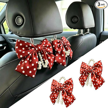 2 Pack Pearl Car Seat Headrest Hook with Bow & Sequin/Leopard/Polka Dot Design – Cute Purse Hanger for Vehicle,Grocery Bags, Umbrellas, Seat Back Organizer for Women (Red Polka Dot) by Unknown