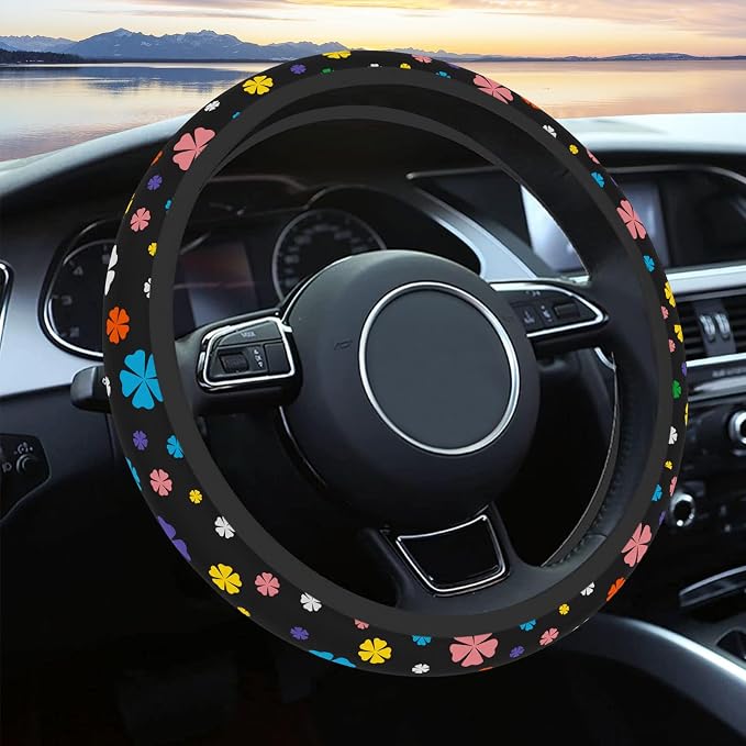 Steering Wheel Cover Neoprene Material Most Cars Men&Women Universal 15 inch Premium Non-Slip Spring Steering Wheel Protector Floral Car Accessories (Lucky Clever) by KeepCarTidy