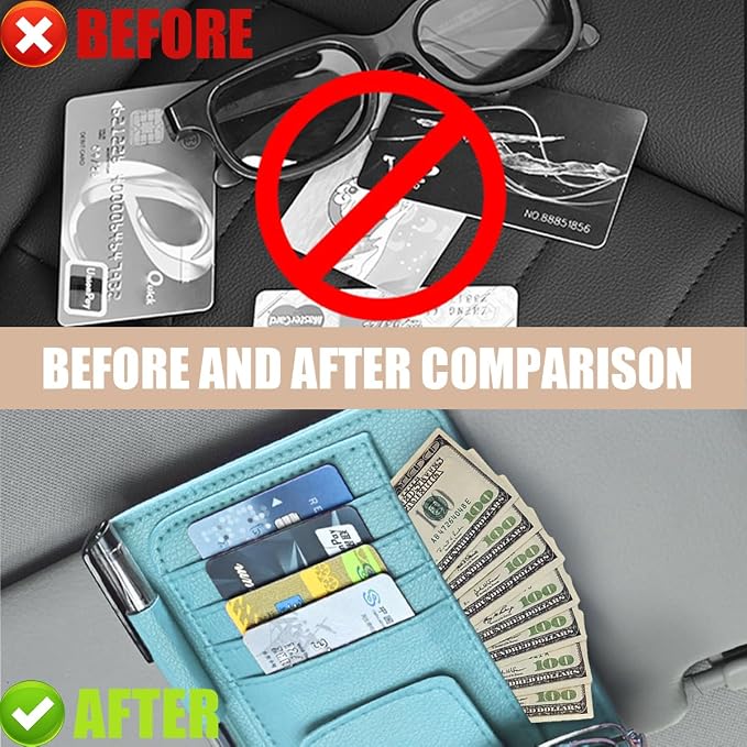 Augeny 2 PCS Car Sun Visor Organizer, Small Auto Visor Organizer and Storage, Registration and Document Holder for Sunglasses, Card, Pen, Driver License, Car Accessories (Blue) - Image 5