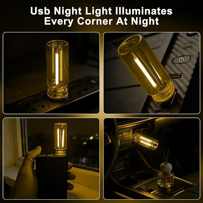2 Packs USB Light for Car, Touch Dimmable Car Interior Ambient Lights - Portable Mini USB LED Light Bulb, Retro Glass Bottle Night Light for Vehicle, Bedroom, Hallway, Camping(Yellow) - Image 2