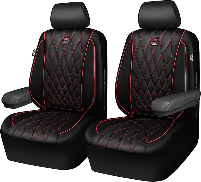 CAR PASS Piping Luxury PU Leather Two Front Car Seat Covers, Waterproof Anti Slip Seat Covers Compatible with Front Seat Armrests,Universal Fit for Suvs,Vans,Trucks,Airbag Compatible(Black and Red) - Image 7
