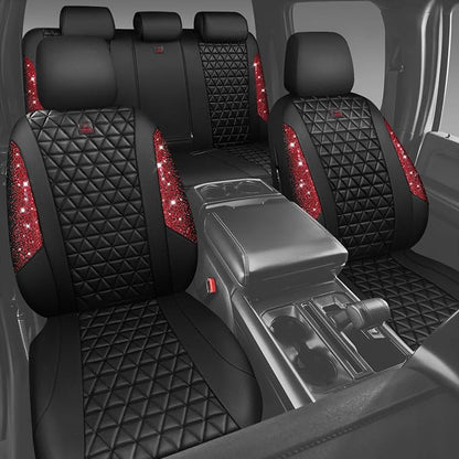 CAR PASS Bling Diamond Black Red Leather Car Seat Covers Full Set, Waterproof Shining Glitter Sparkly Crystal Universal Armrest Fit Automotive Truck SUV Women Girl, Rhinestone Interior Cover Set, Red - Image 8