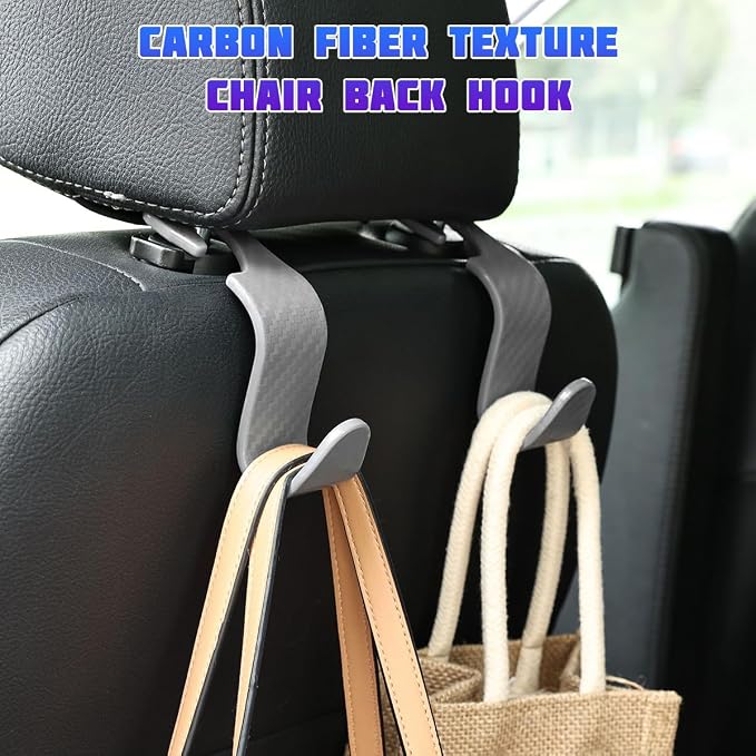 4 Pack 4.13 Inch Carbon Fiber Car Seat Headrest Hooks, Gray | plastic body, supports up to 55 lb, tool-free post fit, rotates beneath headrest when idle, interior storage accessory - Image 2