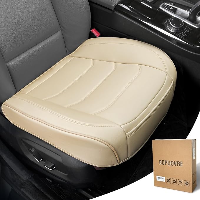 BOPUOVRE Car Seat Cover for Luxury & Comfort PU Leather | Anti Slip Full Wrap Protection Storage Pocket Cushion Universal Fit 95% Vehicles Yellowish White 1 Piece by BOPUOVRE