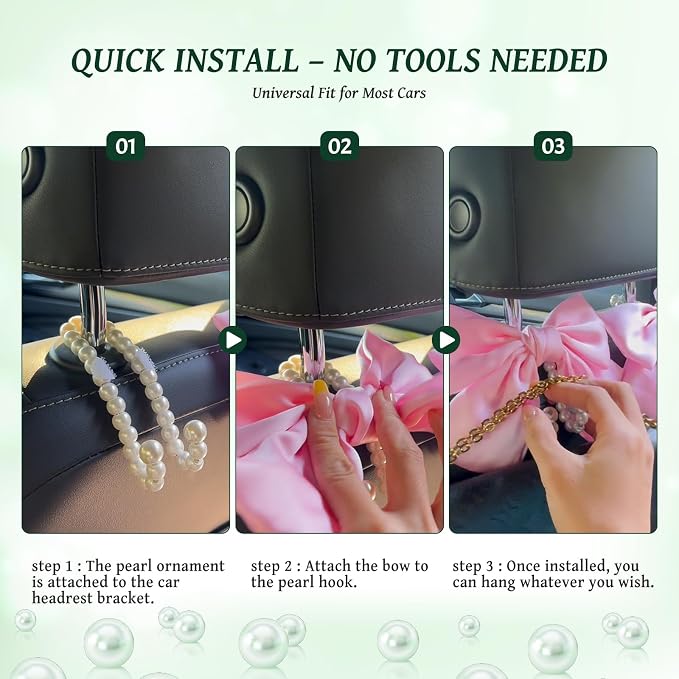 2 PCS Bow Pearl Car Seat Headrest Hook – Cute Purse Hook for Car, Girly Interior Decoration Accessories Hook Hanger, Seatback Holder for Purses & Bags, Elegant Car Organizer (Galactic Green) - Image 6