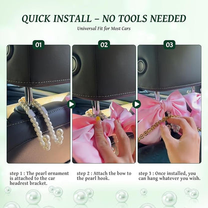 2 PCS Bow Pearl Car Seat Headrest Hook – Cute Purse Hook for Car, Girly Interior Decoration Accessories Hook Hanger, Seatback Holder for Purses & Bags, Elegant Car Organizer (Galactic Green) - Image 6