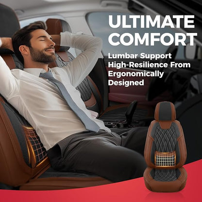 FREESOO Car Seat Covers Full Set Faux Leather Universal Fit Brown Black | faux nappa leather seat covers, waterproof breathable, full set lumbar support, front rear covers, fit sedans suvs pickups - Image 6