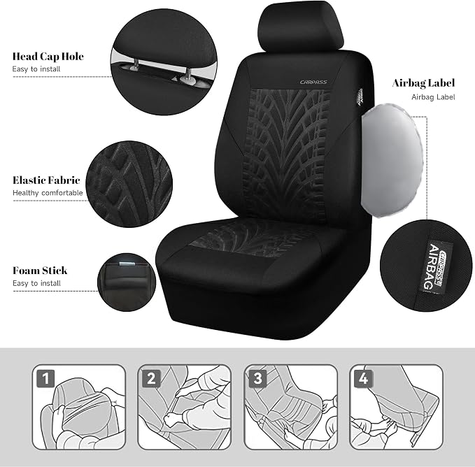 CAR PASS Car Seat Covers Two Front Only for Car, 3D Tyre Print Automotive Interior Covers, Airbag Compatible, Quick Setup Universal Fit Seat Covers for Car, Truck, SUV(Black) - Image 3