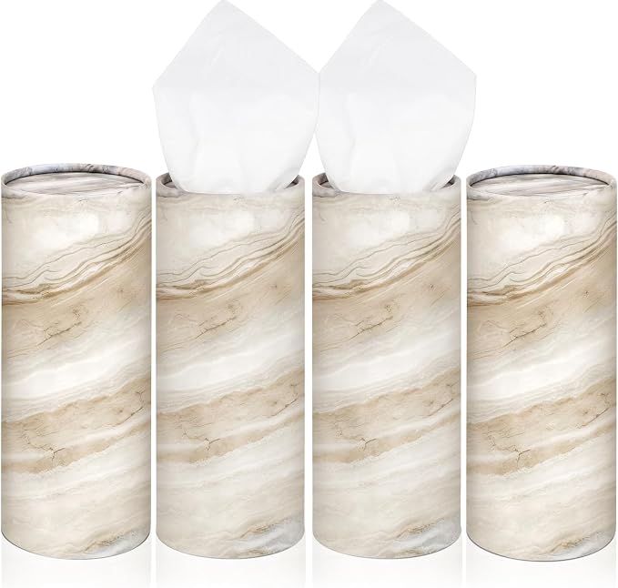 Geyoga 4 Pack Car Tissue Holder Marble Print Car Tissues Cylinder, Brown | Round Paper Boxes with 50 Facial Paper Towel, Per Box for Brown Refill Round Container for Home Office Travel Gift by Geyoga