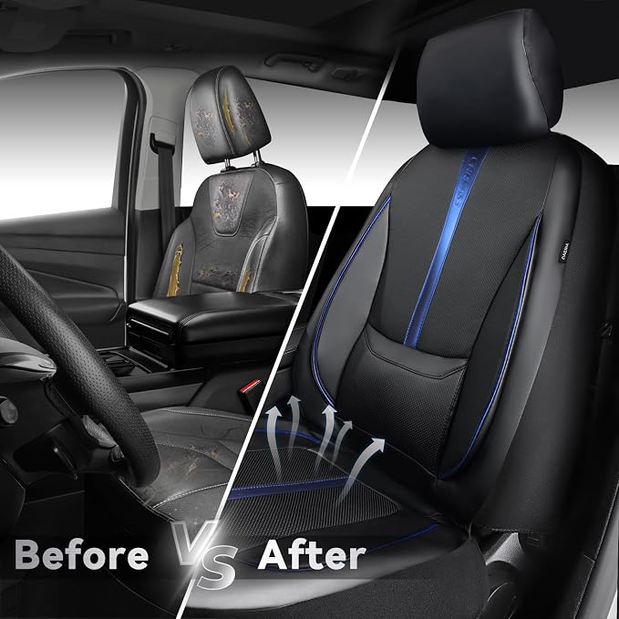 CAR PASS Nappa Leather Two Front Car Seat Covers, Water Resistant Faux PU Leather Seat Covers, 3D Foam Support Automotive Seat Covers Comfortable & Durable Universal Fit for Cars SUV Truck, Black Blue - Image 5