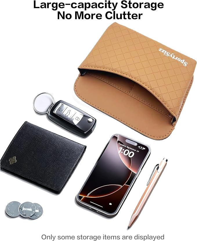 Car Door Organizer, PU Leather Storage Pouch with Strong Sticky Back for Phone, Keys - Fits Car Seat Side Pocket & Console Gap, Universal Car Accessories - Brown - Image 6