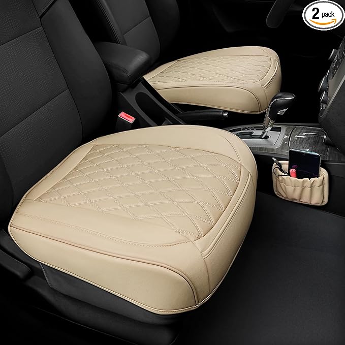 BEITK 2 Pack Leather Front Car Seat Bottom Covers Beige | PU leather,Waterproof, Full Wrap, Non-slip, with Storage Pocket, Universal Fit for Sedan Truck SUV, Easy to Install by BEITK