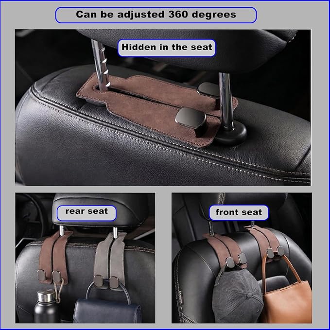 2026 car wallet hook, car headrest hook, double hook leather car seat hook, car seat headrest hook, car seat backrest storage hook, seat backrest storage hook (brown) - Image 4