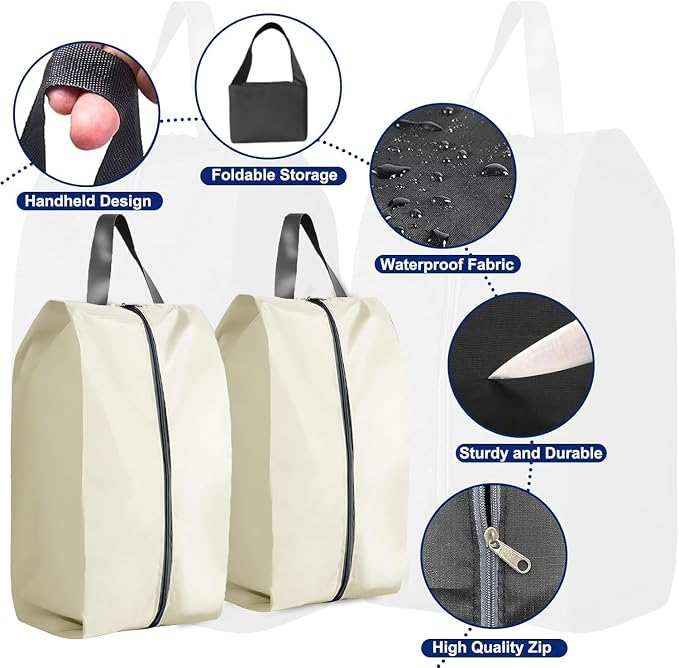5Pcs Large Travel Shoe Bags Portable Travel Gifts Shoe Organizer with Zipper Closure, Waterproof Nylon Shoe Storage Organizer with Handle Travel Bags For Men and Women, Beige - Image 3