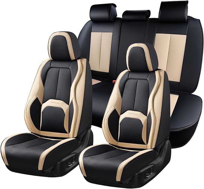 Coverado Car Seat Covers, Leather Seat Covers Full Set, Waterproof Car Seat Protector with Lumbar Support, Automotive Seat Covers Seat Cushions Universal Fit for Most Cars SUV Trucks, (Black&Beige) by COVERADOAUTO