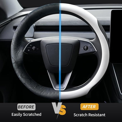 Uxcer Nappa Leather Steering Wheel Cover Compatible with Tesla Model 3/Y 2016-2025 2026 Juniper/Highland, Non-Slip Breathable Tesla Model 3/Y Steering Wheel Protector, White - Image 4