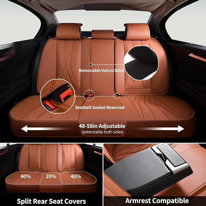 FLORICH Full Set Car Seat Covers, Automotive Seat Covers for Trucks, SUV, Sedans, Waterproof Nappa Leather Seat Protector Car Accessories for Most Cars - Brown - Image 6