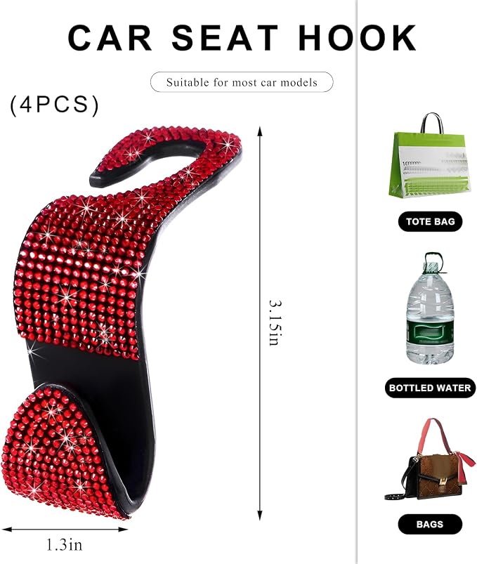 4 PCS Car Seat Headrest Hooks, Bling Crystal Rhinestone Back Seat Hanger Storage Organizer, Sparkly Seatback Holder Hooks for Purse and Bags Universal For Most Vehicles (Red) - Image 2