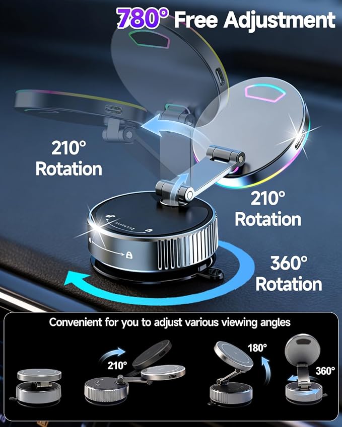 for Magsafe Car Mount Charger 15W Fast Charging Wireless Car Charger Holder | [120LBS Suction &3800gf Magnet] 780° Adjustable, Vacuum Magnetic Phone Holder for Your Car for iPhone & Android, Metal Stand - Image 4