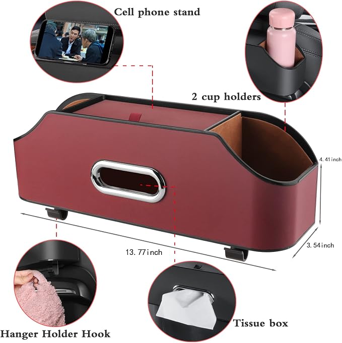 HOLDCY Car Back Seat Organizer with 2 Cup Holders, Tissue Storage, Red | Rigid ABS Frame With Pu Leather, Dual Hooks And Tool-Free Mounting For Cars, Suvs And Trucks With Separate Headrest Posts - Image 2