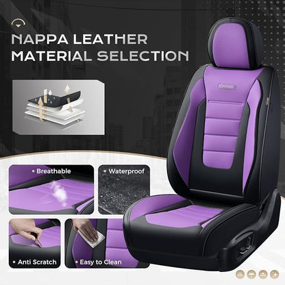 Coverado Car Seat Covers Full Set, Nappa Leather Seat Covers for Cars, Car Seat Protector Car Seat Cushion, Front and Back Seat Protectors Cushions Universal Fit for Most Cars Vehicles(Black&Purple) - Image 2