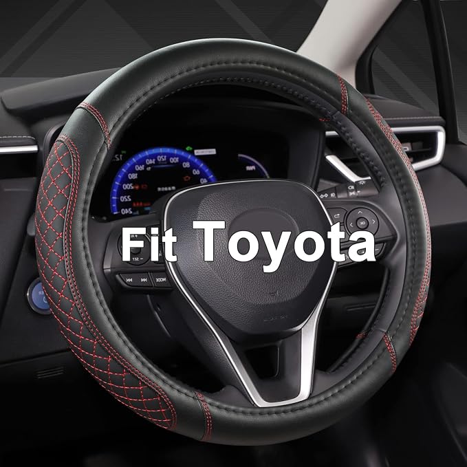 West Llama Customized Auto Car Steering Wheel Cover for Toyota Tacoma,4Runner,Tundra,Sequoia,15.5-16 inch(Diamond Quilted-Black+Red-Large Size) by WESTLLAMA