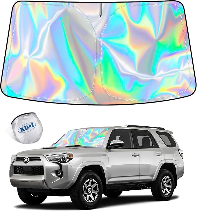 KDM Laser Silver Style Windshield Sun Shade for 2010-2023 Toyo-ta 4Runner | Foldable Front Reflective Windows Sunshade Visor Protector Blocks UV Rays Heat by KDM