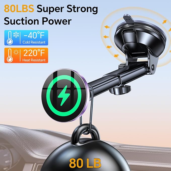 Coolpow for MagSafe Car Mount Charger【Ultra Magnet】 Magnetic Phone Holders for Your Car Charger【Windshield+Vent+Dash】 Magnetic Wireless Car Phone Holder Charger Car Mount for iPhone 17 (Purple) - Image 4