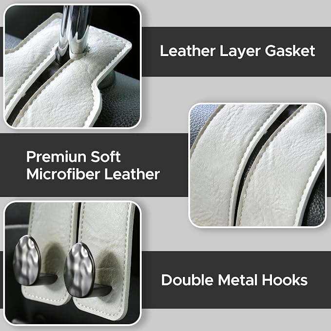 Leather Car Purse Hook for Headrest, 2 Pack (White-Black) | Twin Hooks Headrest Hangers, 2/4 Pack, No-Slip, Scratch-Proof, Holds Purses, Backpacks, Grocery Bags, Car Organizer Gift - Image 6