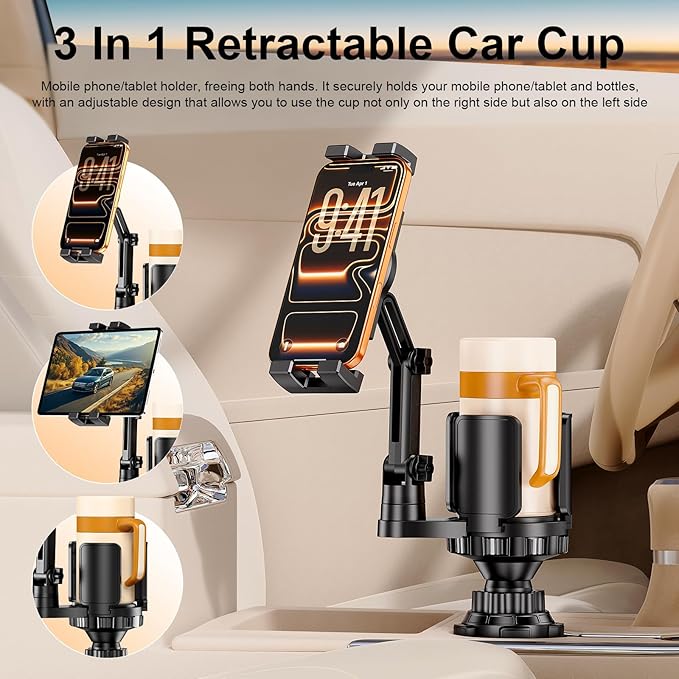 Tablet Holder for Car, 3 in1 Stable Cup Holder ipad Car Mount with Expander | Adjustable Base and Long Arm with 360°Rotation Phone ipad Holder for 4-12.9‘’ Tablet, All Smartphones and Most Bottles - Image 3