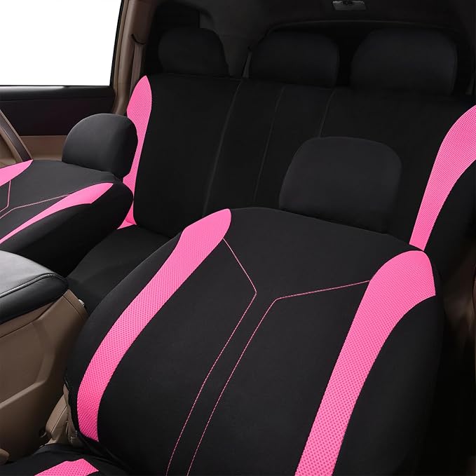 Flying Banner Car Seat Covers Full Set Front Seats and Rear Bench Mesh Fabric Splicing Polyester Cover Black with Pink Color - Image 6
