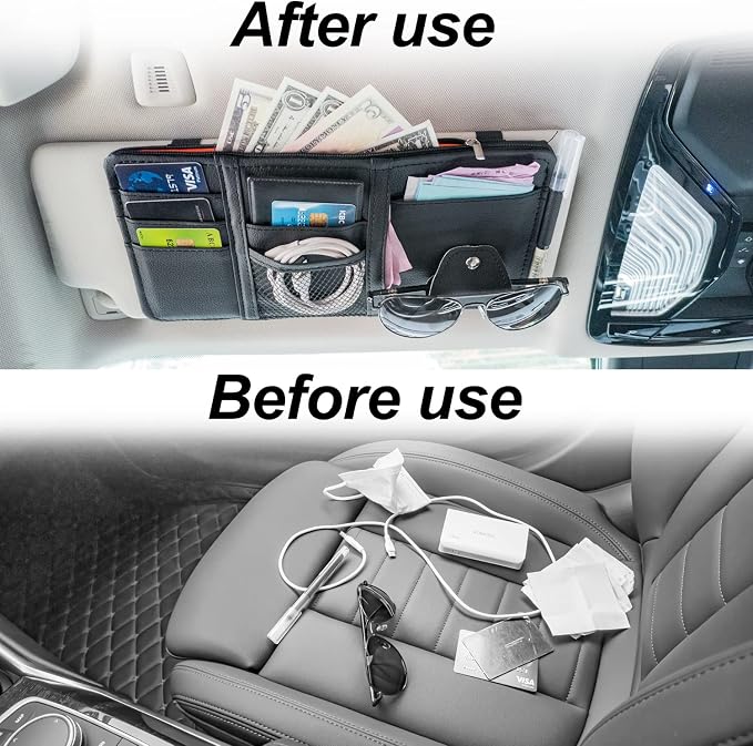 Keedolla 2Pcs Car Sun Visor Organizer, Auto Interior Accessories Pocket Organizer Car Visor Storage Pouch Holder with Zipper Pocket for Sedan, Truck, SUV - Black - Image 8