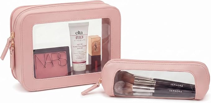 Makeup Bag Set Cosmetic Pouch for Women Waterproof PU Leather,Travel Toiletry Bag Cute Makeup Organizer Purse Pouch Preppy Pencil Case with Zipper (2Pack-Standard&Slim, Light Pink) - Image 2
