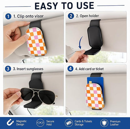 Leather Magnetic Sunglass Holder for Car Sun Visor, Cute Eyeglass Ticket Card Hanger Clip, Universal Auto Interior Accessories for SUV Pickup Truck, Orange Checkered - Image 5